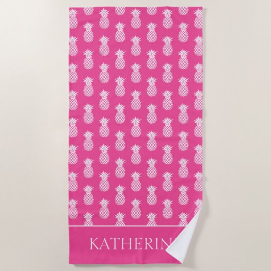Serviette De Plage Ananas blanc chic sur fond rose (Devant)