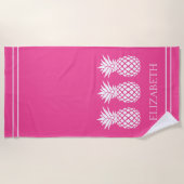 Serviette De Plage Ananas blanc preppy sur fond rose (Devant)