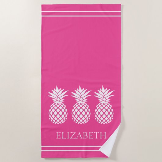 Serviette De Plage Ananas blanc preppy sur fond rose (Devant)