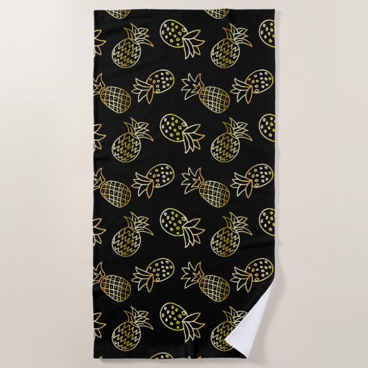 Serviette De Plage Ananas chic de noir et d'or (Devant)