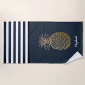 Serviette De Plage Ananas d'or Marine marine Bleu rayé (Devant)