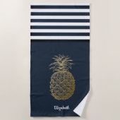 Serviette De Plage Ananas d'or Marine marine Bleu rayé (Devant)