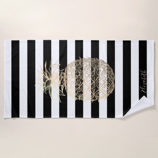 Serviette De Plage Ananas en or, Blancs noirs (Devant)