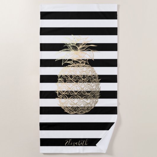 Serviette De Plage Ananas en or, Blancs noirs (Devant)