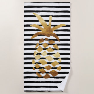 Serviette De Plage Ananas et rayures - or sur noir/blanc