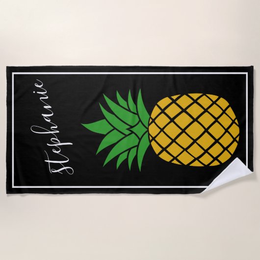 Serviette De Plage Ananas et Whimsical noir nom manuscrit (Devant)