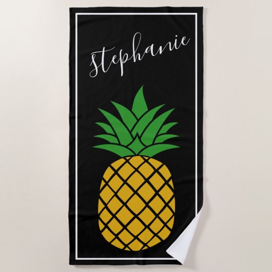 Serviette De Plage Ananas et Whimsical noir nom manuscrit (Devant)