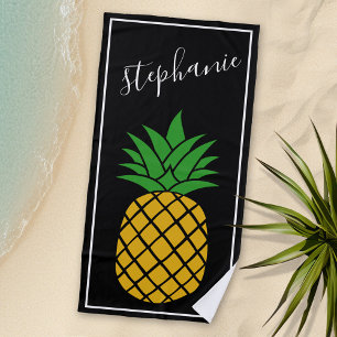Serviette De Plage Ananas et Whimsical noir nom manuscrit
