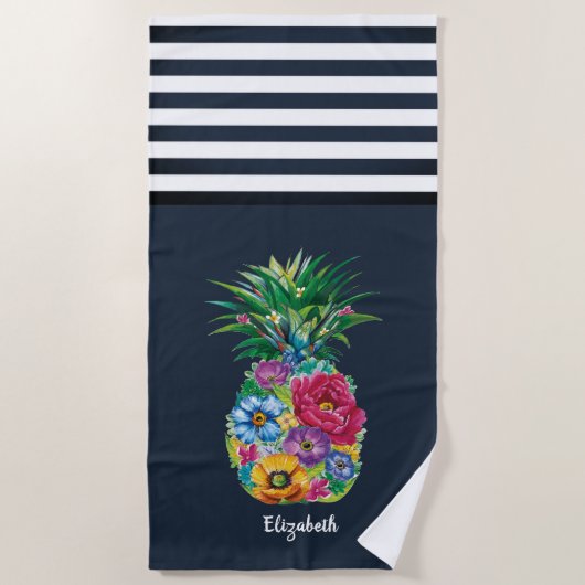 Serviette De Plage Ananas Floral cool Marine Nautique Bleu rayé (Devant)