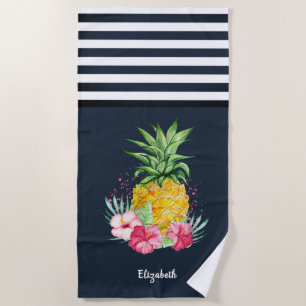 Serviette De Plage Ananas Hibiscus Bleu Marine Rayé Foncé