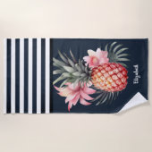 Serviette De Plage Ananas Hibiscus Marine Nautique Bleu strié (Devant)
