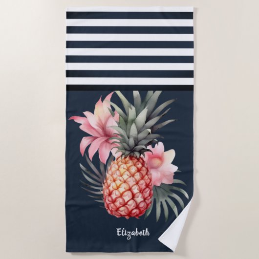 Serviette De Plage Ananas Hibiscus Marine Nautique Bleu strié (Devant)