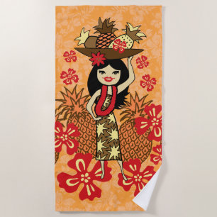 Serviette De Plage Ananas Luau Hawaïenne Fille de Hula Mandarine