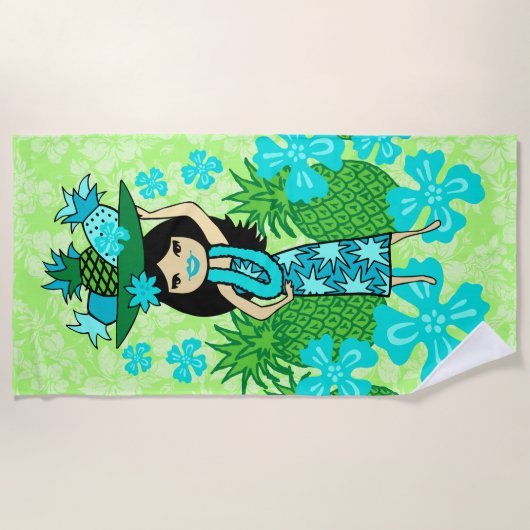 Serviette De Plage Ananas Luau Hawaiian Hula Girl Lime Green (Devant)