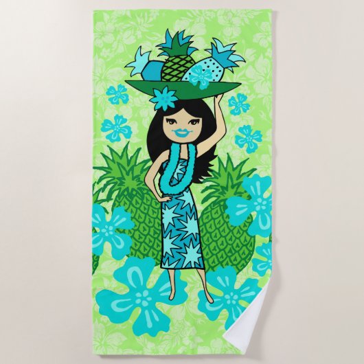 Serviette De Plage Ananas Luau Hawaiian Hula Girl Lime Green (Devant)