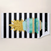 Serviette De Plage Ananas Pailleté Vert Rayures Noires et Blanches (Devant)