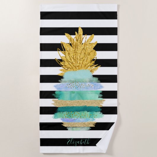 Serviette De Plage Ananas Pailleté Vert Rayures Noires et Blanches (Devant)