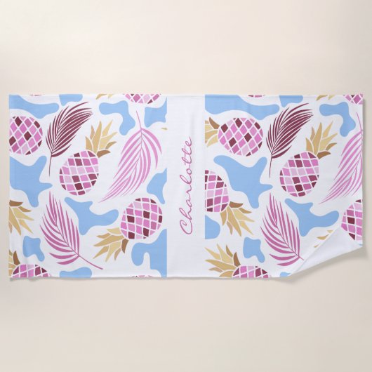 Serviette De Plage Ananas rose bleu tropical nom du motif (Devant)