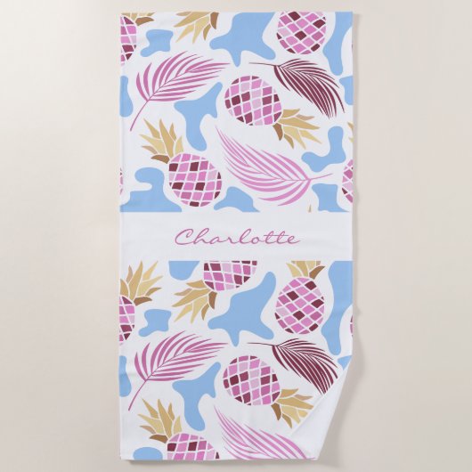 Serviette De Plage Ananas rose bleu tropical nom du motif (Devant)