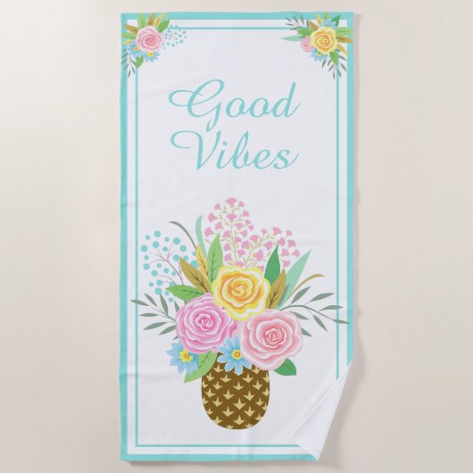 Serviette De Plage Ananas Rose Bouquet Good Vibes Rose Turquoise (Devant)