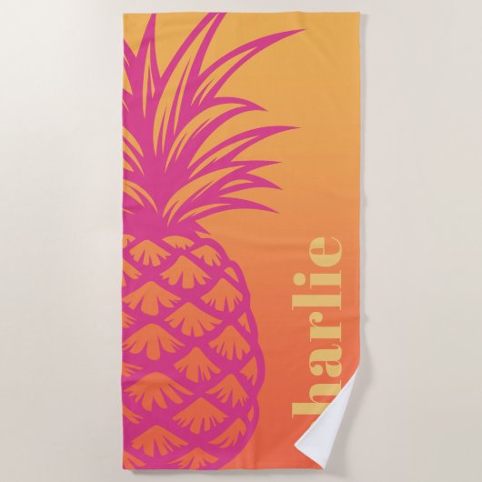 Serviette De Plage Ananas rose chaud orange dégradé jaune rétro (Devant)