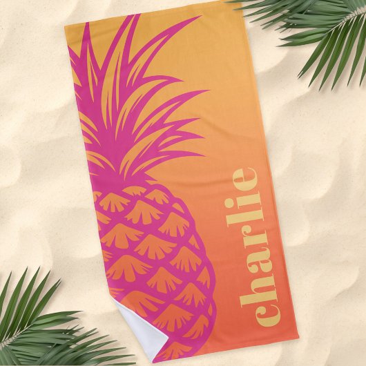 Serviette De Plage Ananas rose chaud orange dégradé jaune rétro