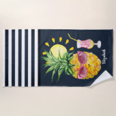 Serviette De Plage Ananas Sun Cocktail Navy Blue Striped (Devant)