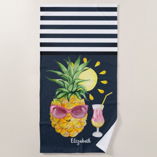 Serviette De Plage Ananas Sun Cocktail Navy Blue Striped (Devant)