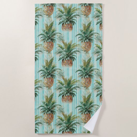 Serviette De Plage Ananas tropical avec bandes Aqua (Devant)