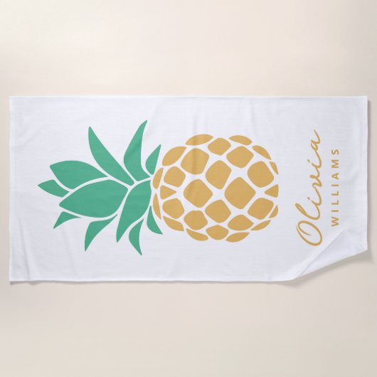 Serviette De Plage Ananas tropical blanc Nom personnalisé (Devant)