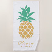Serviette De Plage Ananas tropical blanc Nom personnalisé (Devant)