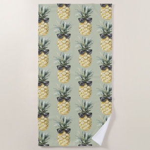 Serviette De Plage Ananas tropical vert Aloha avec lunettes de soleil