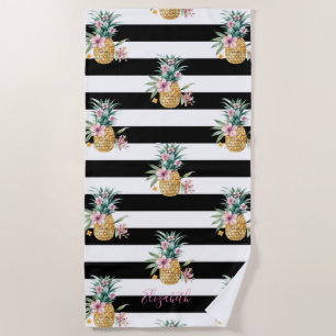 Serviette De Plage Ananas Tropicaux, Rayures Noires et Blanches