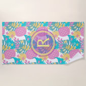Serviette De Plage Ananas violettes et Feuilles tropicaux bleus (Devant)