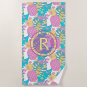 Serviette De Plage Ananas violettes et Feuilles tropicaux bleus (Devant)
