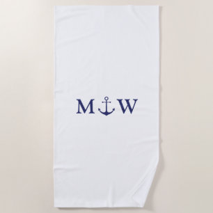 Serviette De Plage Ancrage nautique marine bleu blanc deux initiales