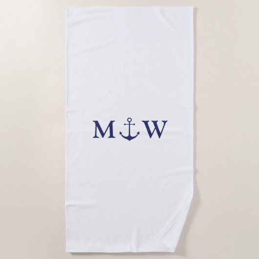 Serviette De Plage Ancrage nautique marine bleu blanc deux initiales (Devant)