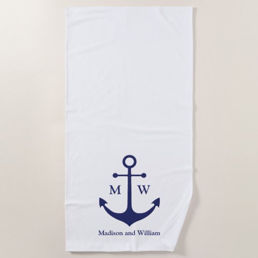 Serviette De Plage Ancrage nautique marine bleu blanc personnalisé mo (Devant)