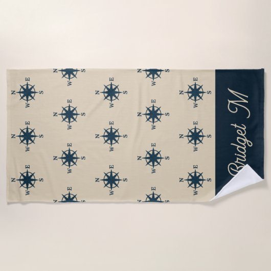 Serviette De Plage Ancre bleu marine avec Monogram Beige Coastal (Devant)