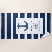 Serviette De Plage Ancre bleu marine blanc Personnalisé Monogramme (Devant)