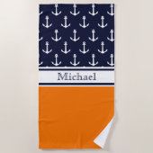 Serviette De Plage Ancre bleu marine moderne Nom Motif Nautique (Devant)