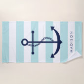 Serviette De Plage Ancre bleu monogramme sur bandes bleu clair (Devant)