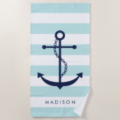 Serviette De Plage Ancre bleu monogramme sur bandes bleu clair (Devant)