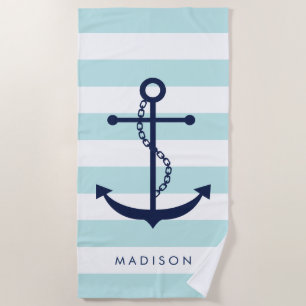 Serviette De Plage Ancre bleu monogramme sur bandes bleu clair