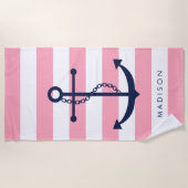 Serviette De Plage Ancre bleu monogramme sur les rayures roses (Devant)