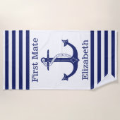 Serviette De Plage Ancre Bleu Nautique Première Mate Personnalisée (Devant)