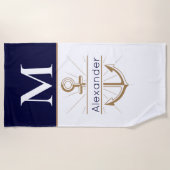 Serviette De Plage Ancre bleue marine côtière Nom du monogramme nauti (Devant)