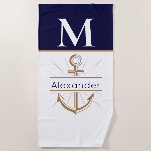 Serviette De Plage Ancre bleue marine côtière Nom du monogramme nauti (Devant)