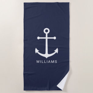 Serviette De Plage Ancre bleue marine et nom personnalisé