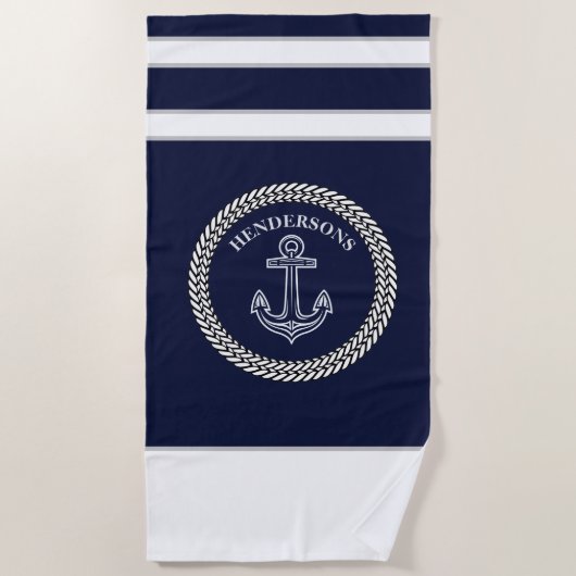Serviette De Plage Ancre bleue marine Monogramme côtier (Devant)